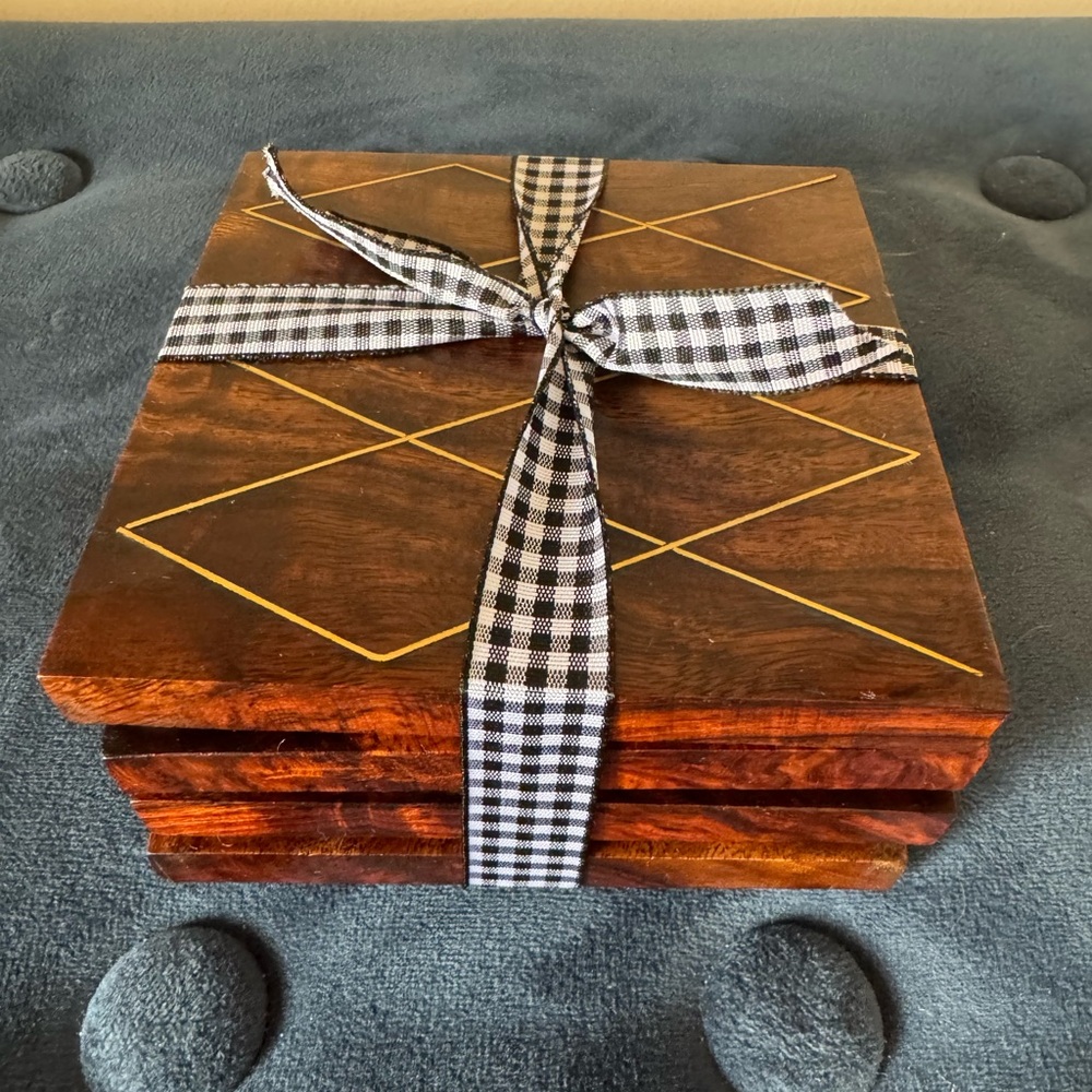 Crate and Barrel wood and gold wire inlay coasters- set of 4